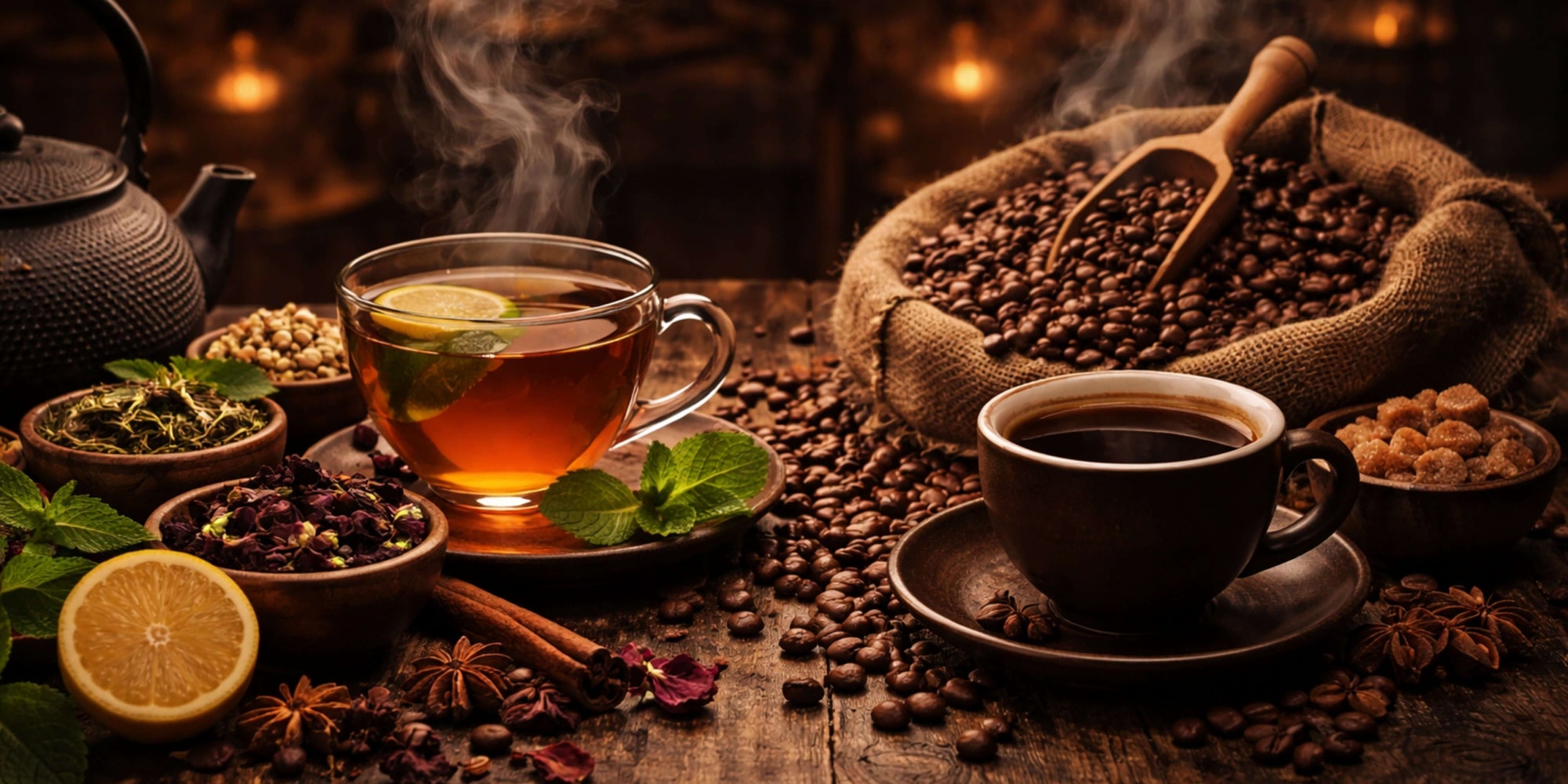 Steaming tea and coffee with coffee beans and herbs